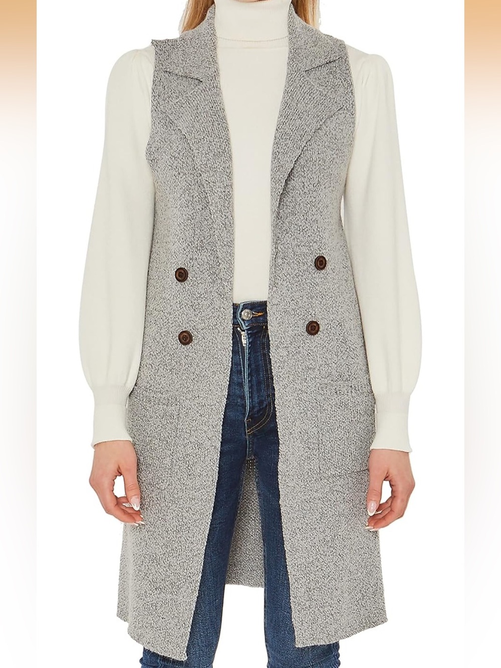 Love tree Grey Double-Breasted Knit Long Vest - Picture 6 of 7
